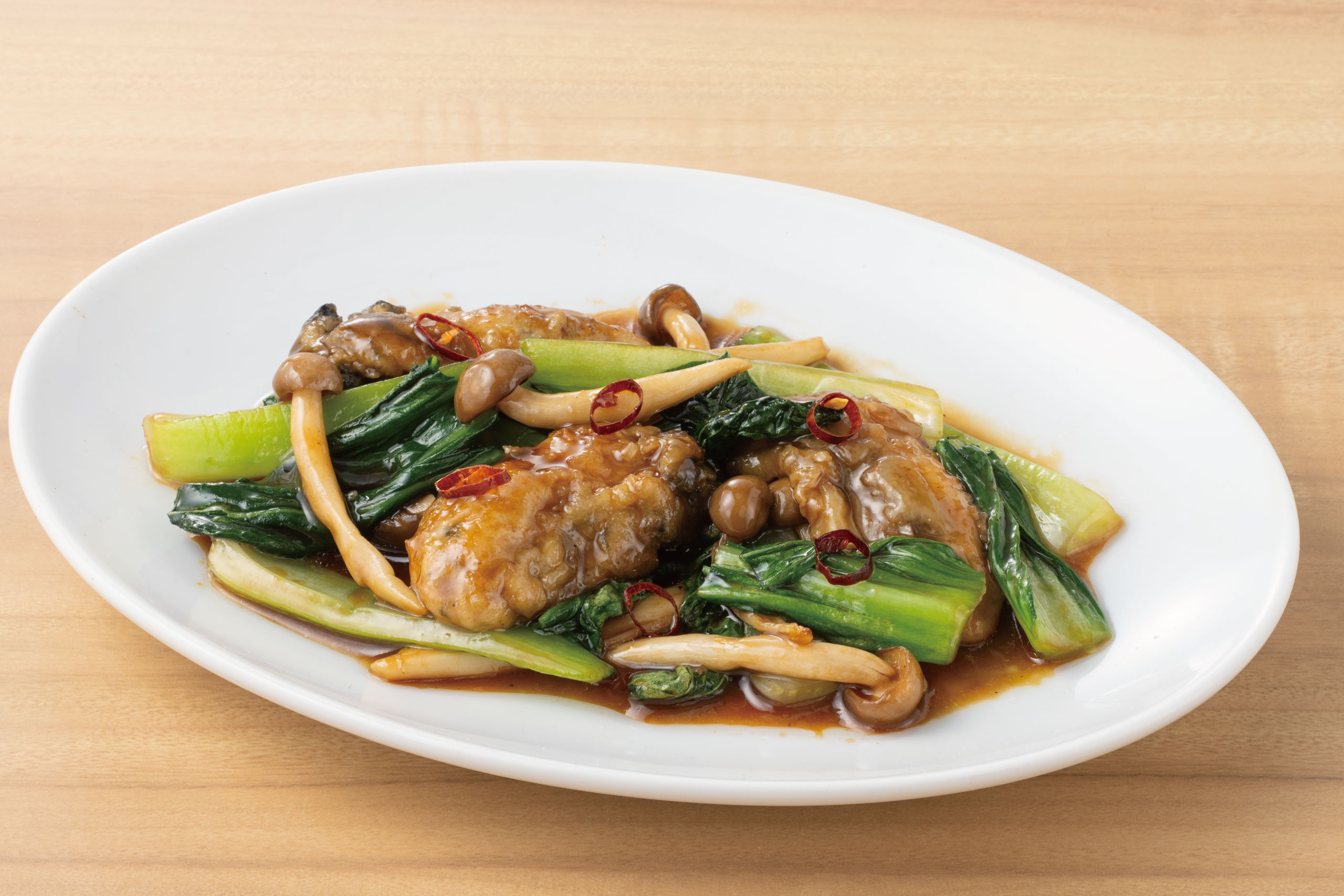 庄や旬メニュー　2025年11月　海鮮　野菜　炒め物　牡蠣とチンゲン菜のオイスターソース炒め　庄や　㈱かんなん丸